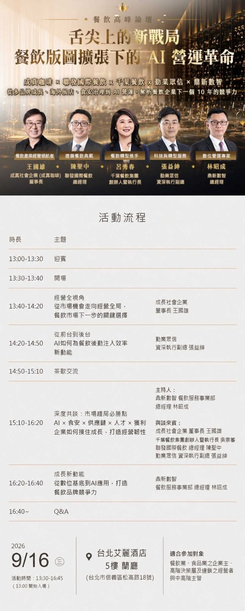 「【餐飲高峰論壇】舌尖上的新戰局｜餐飲版圖擴張下的 AI 營運革命」的活動說明圖片。